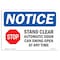 Signmission OSHA Notice, 5" Height, NOTICE Stand Clear Automatic Sign With Symbol, 7" X 5", Landscape OS-NS-D-57-L-16615 - alternate 1